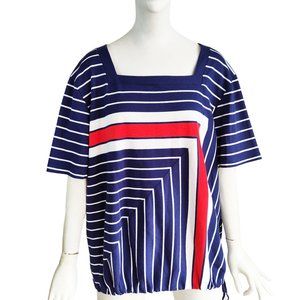Vintage Aileen II Geometric Angle Stripe Cotton Knit Blouson Tunic Top Sz 2XL